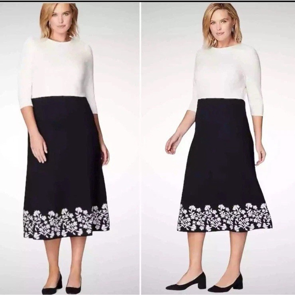 J. Jill Color Block Dress Floral Embroidered Hem Midi Length Dress Size S